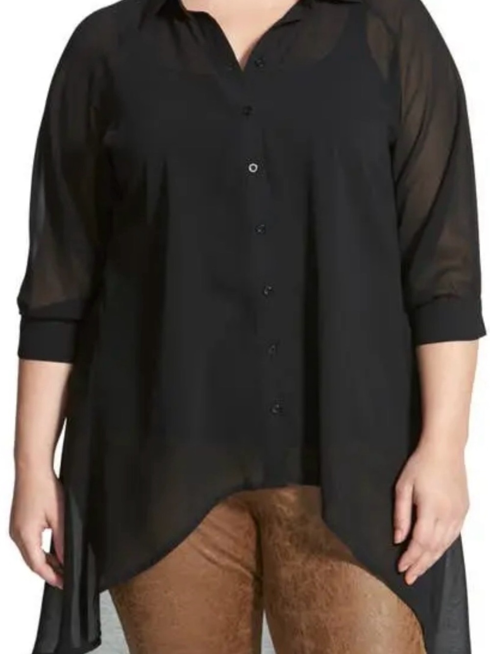 City Chic, Black Sheer Button-Down High-Low Tunic, size XXL/24